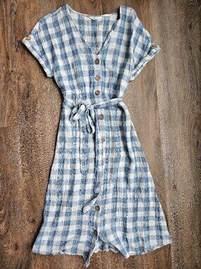 Springfield women's blue white plaid cotton checkered midi dress EU sz 34 US 4
